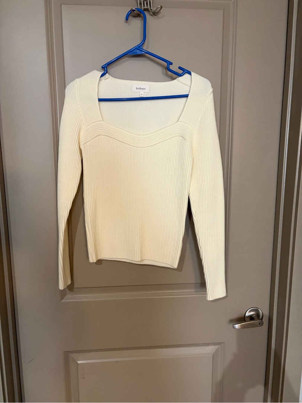 bohme Cream Ribbed Square-Neck Long Sleeve Top - Subtle Ivory
